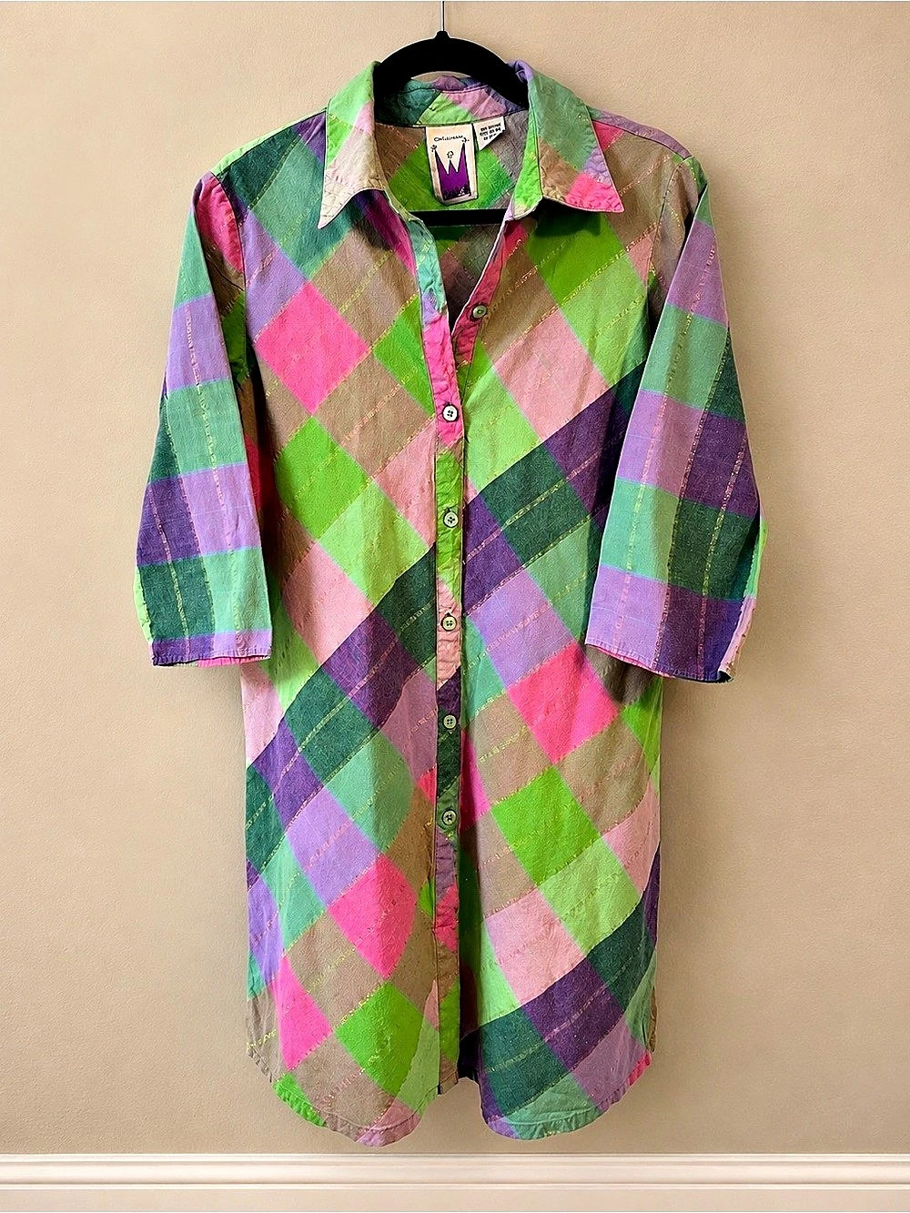 Vintage 90’s Original Antthony dressPlaid Cotton Shirt in Green & Pink Size Medi